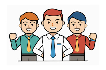 Three smiling businessmen in colorful shirts and ties with fists raised in a gesture of success and teamwork