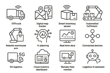 Logistics technology icons: ai, automation, cloud, iot, 5g