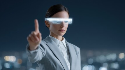 Futuristic businesswoman using advanced technology at night