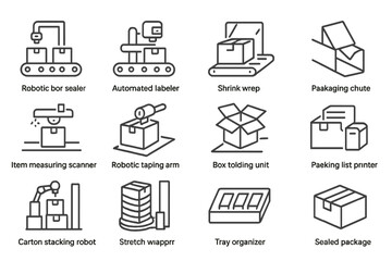 Icon set of automated packaging machine equipment for efficient industrial solutions