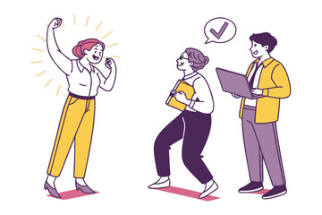 Teamwork success celebration with a woman cheering another holding documents and a man using a laptop