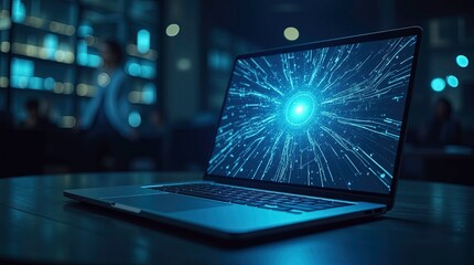 A futuristic laptop displaying a glowing digital network pattern on screen, representing innovation and technology advancement, AI Generated