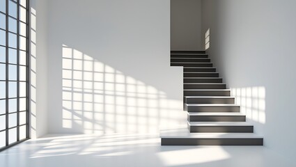 Fototapeta premium Modern minimalist interior with a staircase and large windows casting geometric shadows