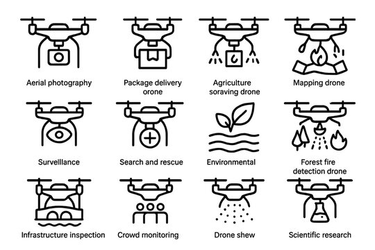 Twelve drone icons for various applications in industry and research