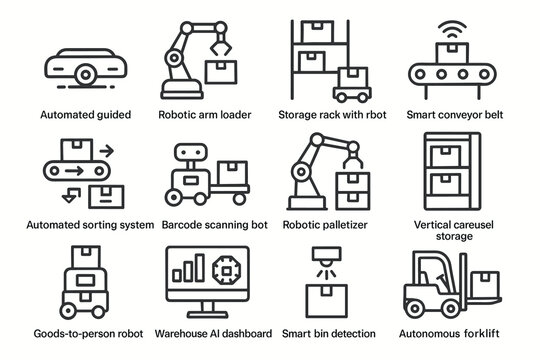 Innovative warehouse automation icons: robots, conveyor belts, storage solutions