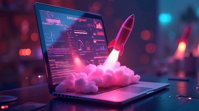 Rocket launching from laptop, digital network, startup ai generated