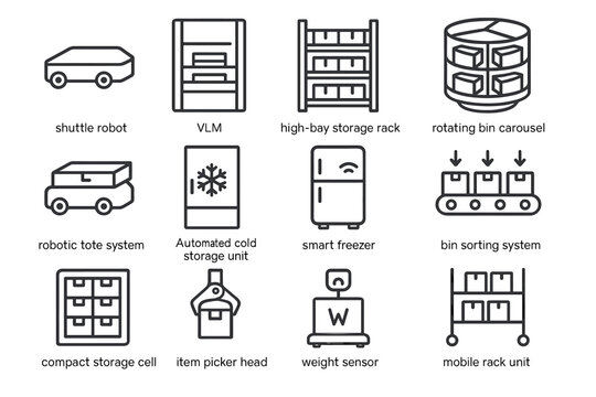 Warehouse robotics and storage systems icons set for automation solutions