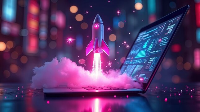 Rocket launching from laptop, digital network, startup ai generated