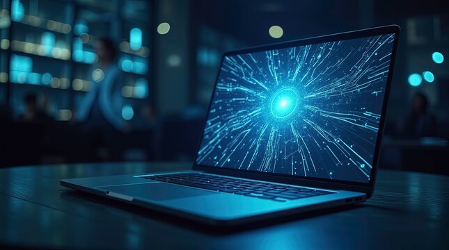 A futuristic laptop displaying a glowing digital network pattern on screen, representing innovation and technology advancement, AI Generated