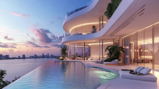 A modern architecture mansion with infinity pool overlooking the city at sunset or sunrise time a