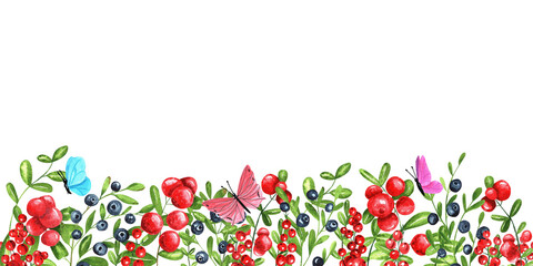 Watercolor illustration, hand drawn seamless frame on white background. Cowberry, blueberry, red currant, twigs, leaves, butterflies, dragonflies.