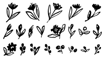 手書き風の花のイラストセット　ベクター黒