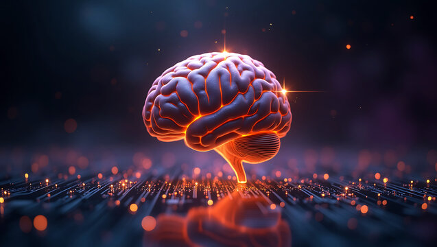 Glowing human brain with neural network connections and futuristic circuit board background