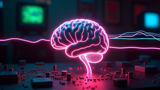 Glowing neon brain on a circuit board with digital data streams and vintage screens in the background representing artificial intelligence and technology