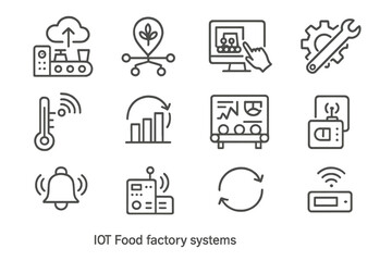 Iot food factory systems with automation and efficiency icons