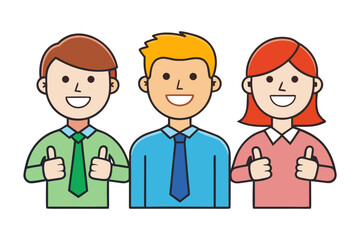Three smiling cartoon people in business attire giving thumbs up gestures indicating approval and positivity