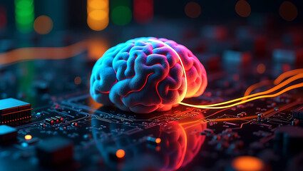 Abstract glowing human brain illuminated by neon light on a futuristic circuit board with bokeh background