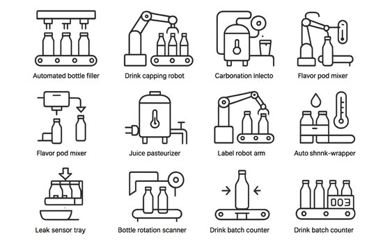 Industrial robotics and automation icons for beverage production and packaging