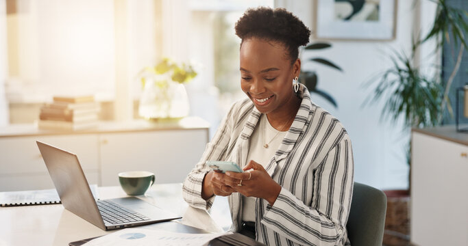 Phone, business and happy black woman in office for email, review chart and financial analysis. Mobile, data analyst and worker reading report for investment increase, stock market news or networking - Powered by Adobe