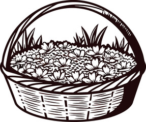 Fototapeta premium hand drawn wicker basket filled with delicate wildflowers and leaves isolated on white background illustration