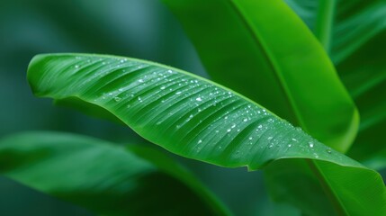 Close-up of fresh green banana leaves with water droplets