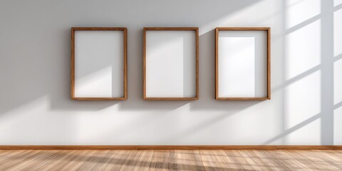 Modern minimalist interior with empty wooden frames on a neutral wall. High quality