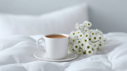 Cozy morning coffee with fresh daisies on a soft bed