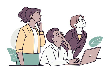 Diverse team members thoughtfully contemplating ideas while one works on a laptop looking upwards for inspiration