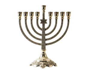 Golden menorah with nine branches isolated on transparent background