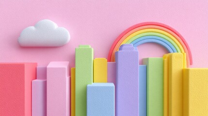Colorful city skyline with rainbow and cloud design