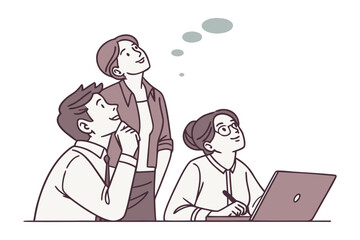 Diverse team members collaborating and looking upwards with thought bubbles indicating shared inspiration and innovative ideas during a meeting