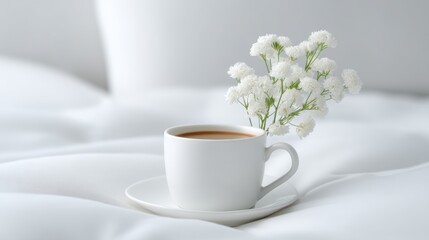 Minimalist coffee cup with white flowers on soft bedding