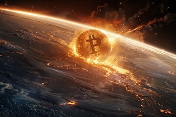 Fiery Bitcoin Meteorite Exploding Over Planet Horizon Symbolizing Market Crash