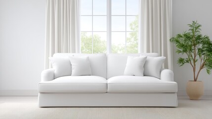 Modern white sofa in a bright, airy living room