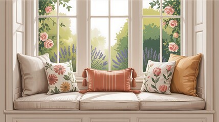 Cozy window seat with floral pillows and garden view cushions