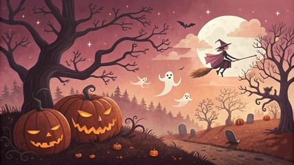 A witch flies on a broomstick past glowing jackolanterns in a spooky forest at night