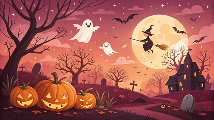 A cute witch flies on a broom past spooky ghosts and pumpkins under a full moon