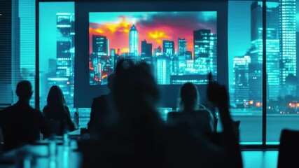 A people watching cityscape presentation on screen in dark room with window view of city lights a