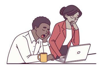 Two colleagues at a desk one yawning widely with hand covering mouth the other looking thoughtful while working on a laptop