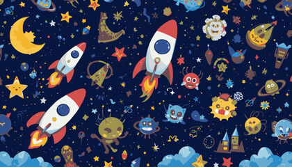 Naklejka premium Whimsical Space Pattern with Rockets and Stars
