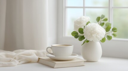 Serene morning scene with coffee and fresh flowers by the window