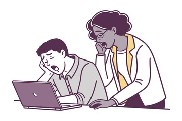 Two colleagues looking exhausted and bored while working on a laptop together in an office setting