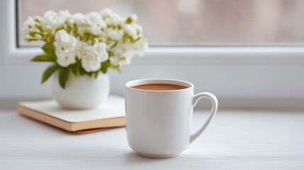 Cozy morning coffee by the window with flowers