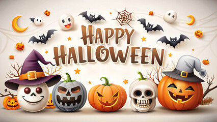 Happy halloween banner with pumpkins and witch hats isolated on white background