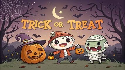 Two cute kids in halloween costumes trick or treating at night