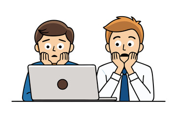 Two shocked cartoon businessmen with hands on their faces staring at a laptop screen in disbelief and concern