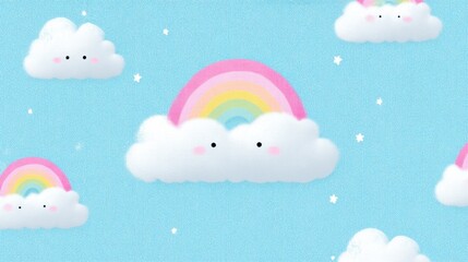 Whimsical clouds with rainbows on a blue background