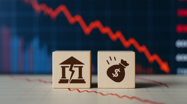 financial crisis with broken bank and falling money icons against red market graph showing economic decline and bankruptcy risk - Powered by Adobe