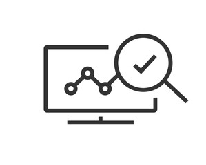 Analysis statistics growth graph sales data icon simple line stroke outline art graphic, audit performance check mark sign symbol thin linear on computer pc, web online kpi review checkmark image 
