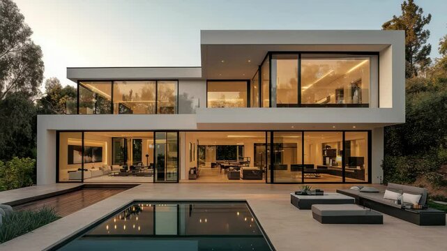 A modern house with pool and large windows reflecting interior lights at dusk from exterior view point a